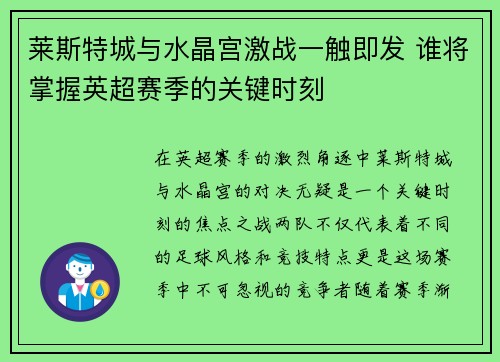 莱斯特城与水晶宫激战一触即发 谁将掌握英超赛季的关键时刻